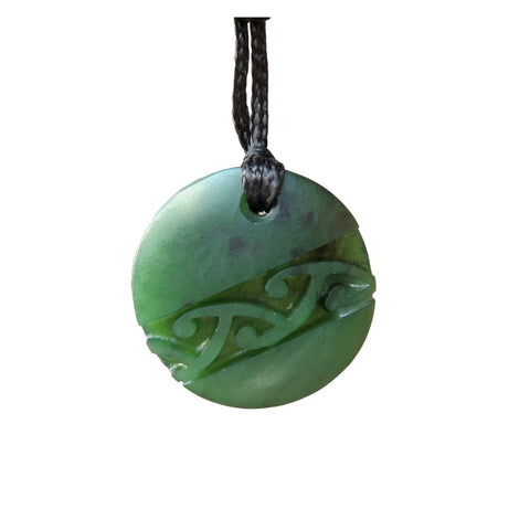 Round Greenstone Pendant with Carved Koru