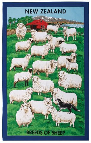 Breeds of Sheep Tea Towel in Blue